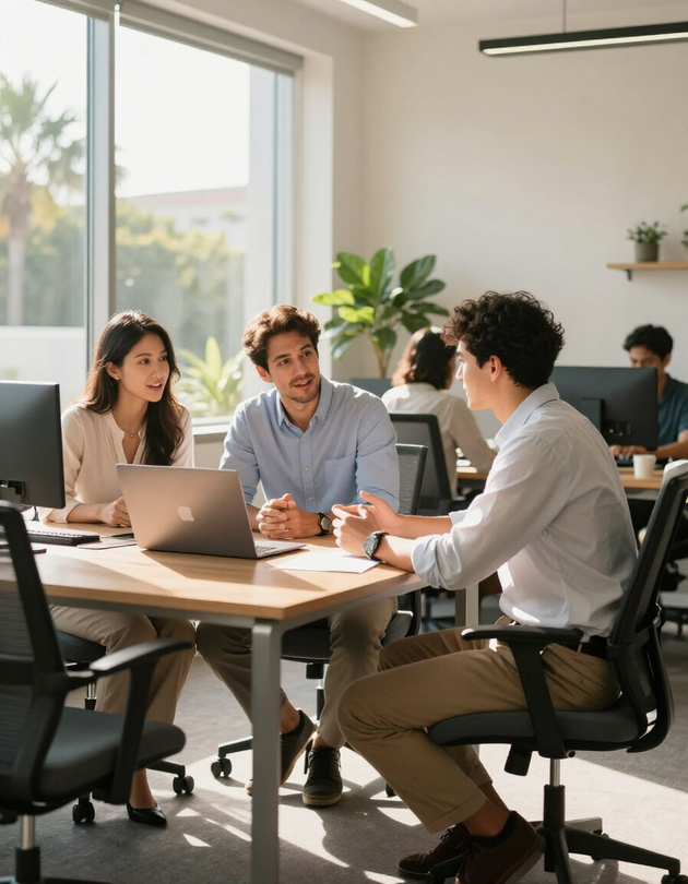 Small business owner reviewing group health plan options with an insurance advisor in Florida