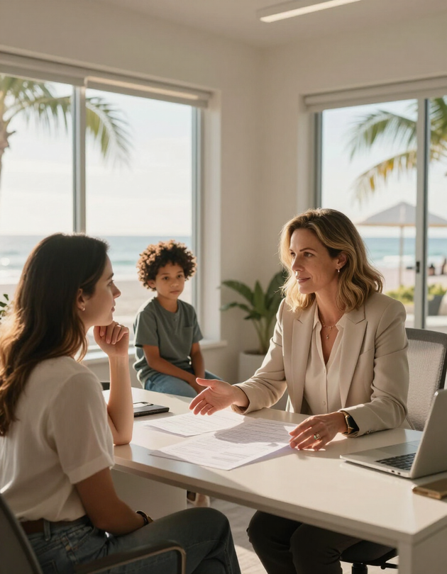 Family meeting with a health insurance advisor in a bright Florida consultation room