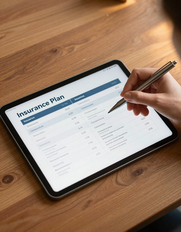 Tablet showing an insurance plan form on a wooden desk, with a hand using a stylus to fill it out.