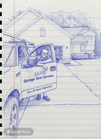 Worker in a garage door service truck parked in a suburban driveway outside a house.