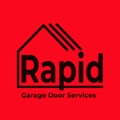 Rapid Garage Door Services logo on red background with black house-roof icon and text