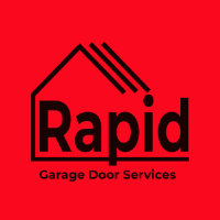 Rapid Garage Door Services logo on red background with black house-roof icon and text
