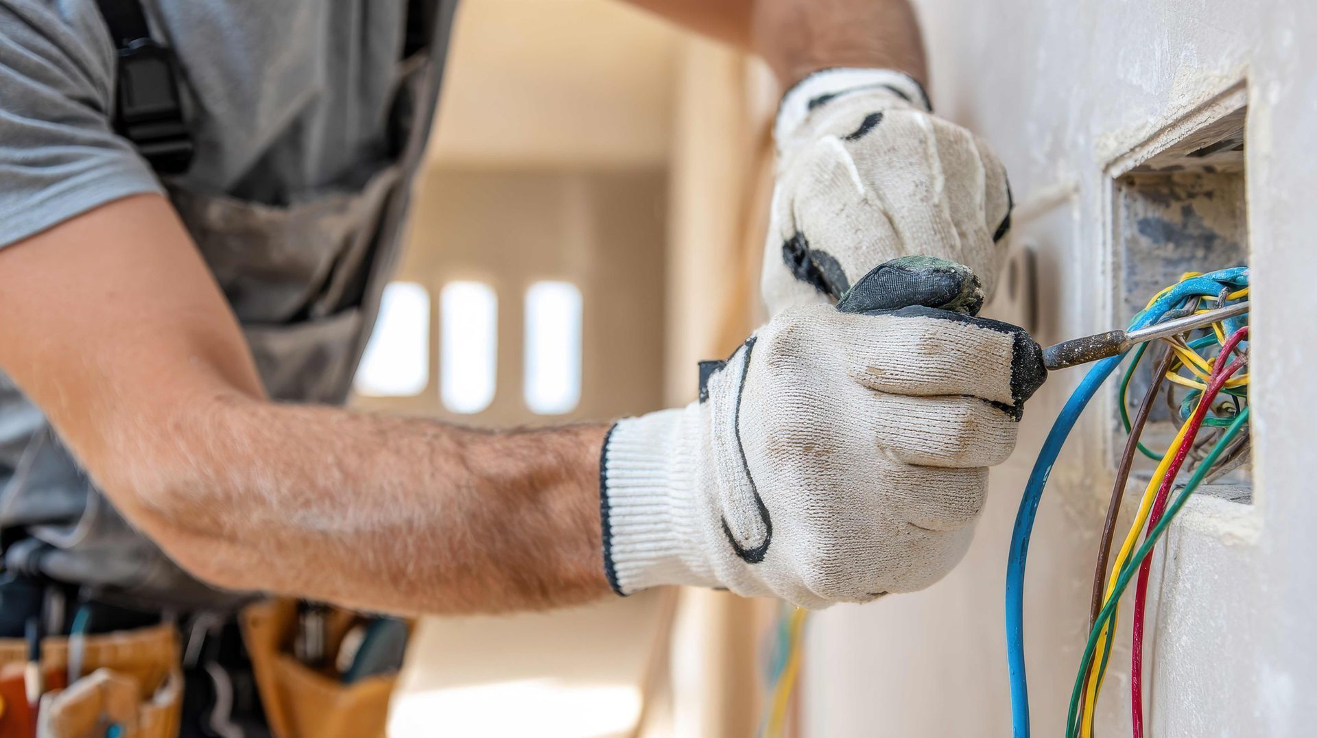 Photograph showing a close-up of an electrician's hands wearing white gloves. Photograph showing a close-up of an electrician's hands wearing white gloves.