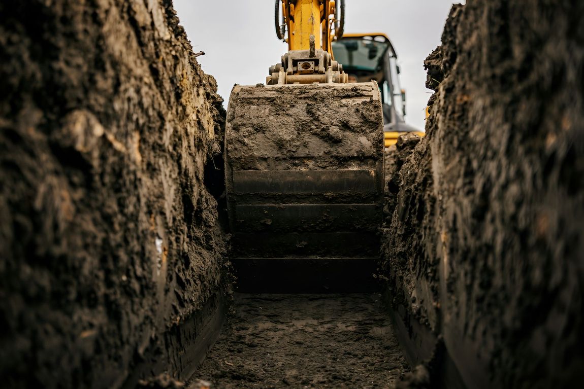 An Excavator Is Digging A Trench In The Dirt — ACC Excavations & Demolition Pty Ltd In Oak Floats, NSW