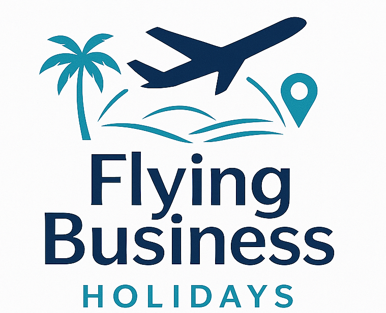Logo: Airplane flying over palm tree and waves, promoting travel services. Text reads