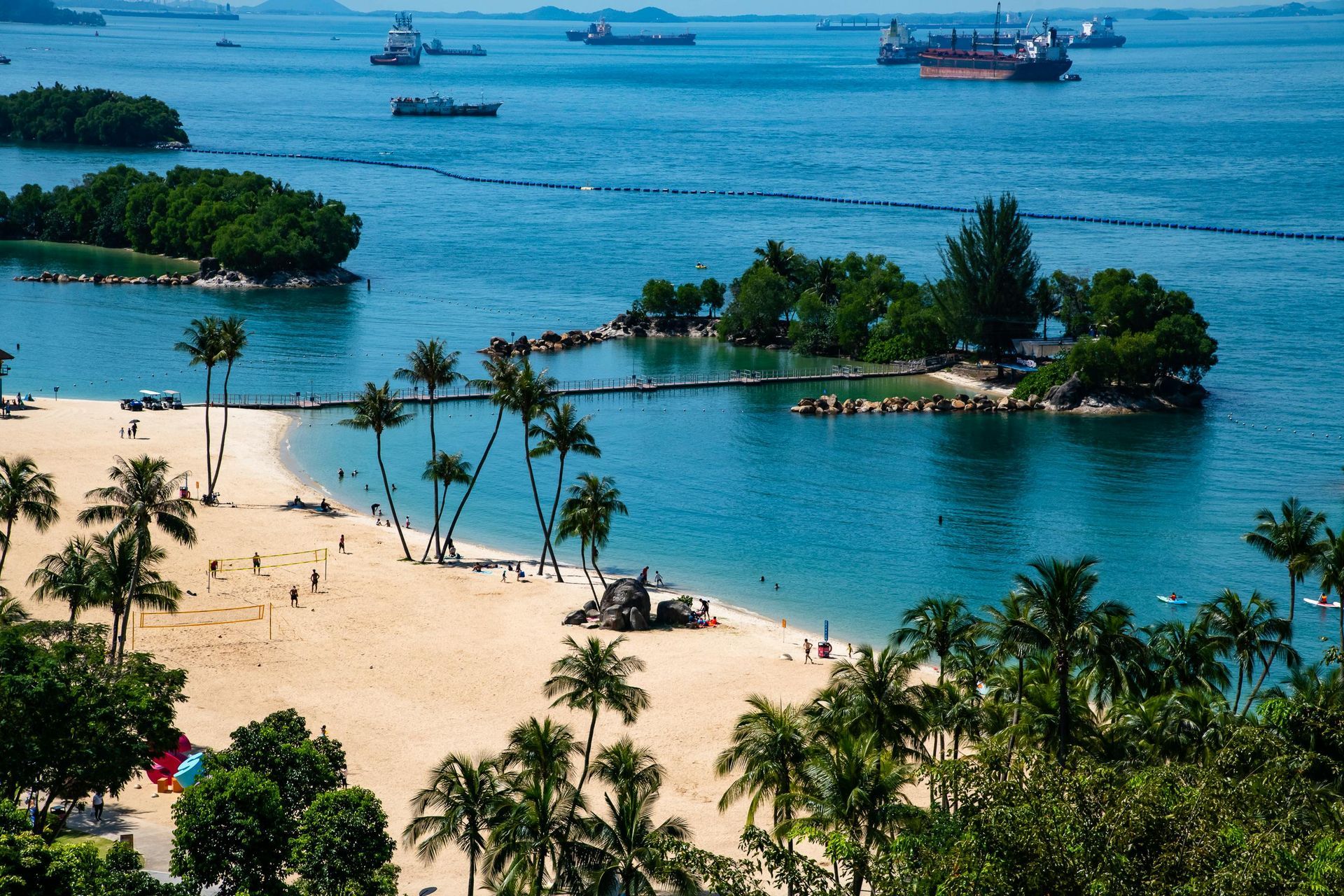 Beach scene with sand, palm trees, and clear blue water with cargo ships in the distance.
