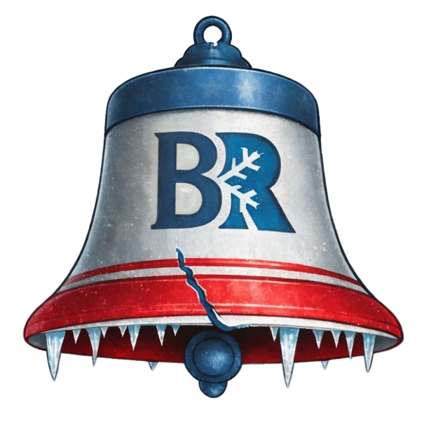 Bell-shaped logo, blue and red, with "BR" and a snowflake. Cracked, with icicle-like teeth.