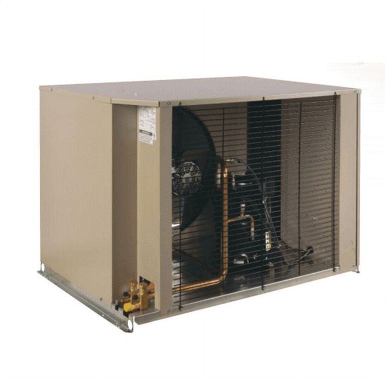 Outdoor air conditioning unit with a fan and copper tubing behind a metal screen.