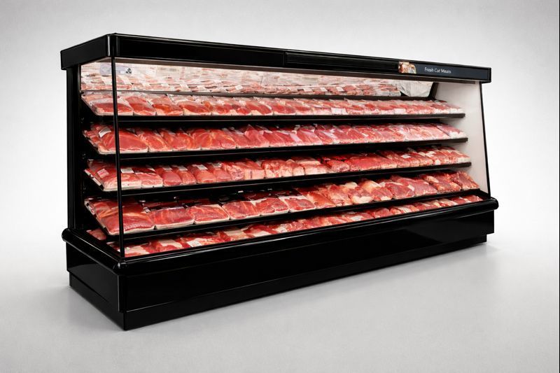 A refrigerated display case with multiple shelves filled with cut meat, black exterior.