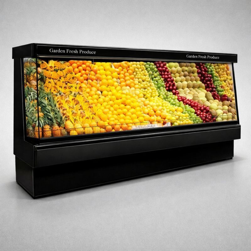 Black produce display case filled with colorful fruits and vegetables.