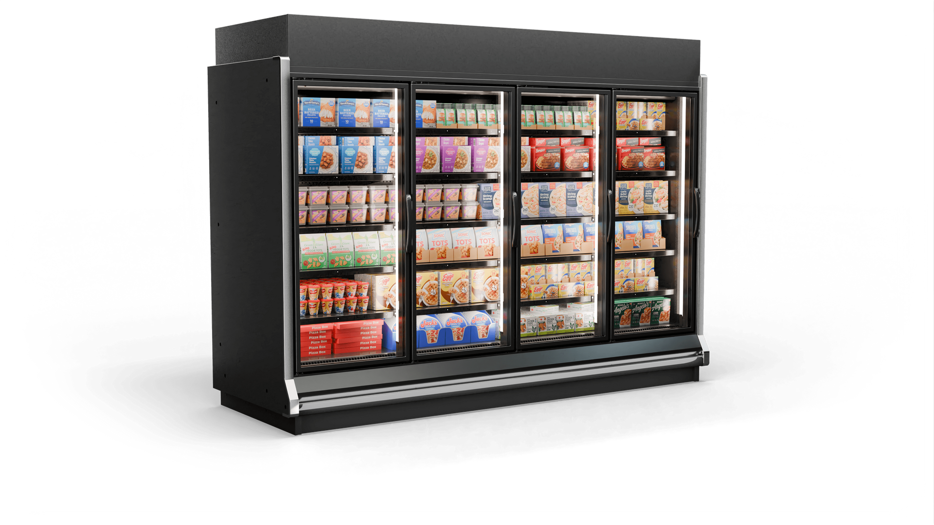 Black refrigerated display case with glass doors, filled with frozen food items.