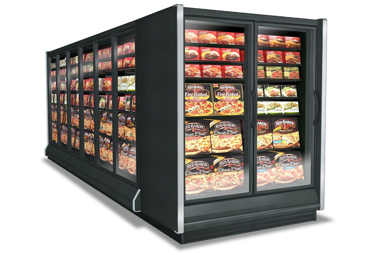 Black commercial freezer with glass doors filled with frozen food.