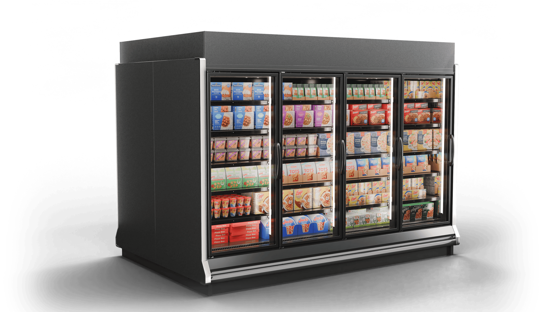 A large, multi-door refrigerated display case filled with food items. Black exterior with glass doors.