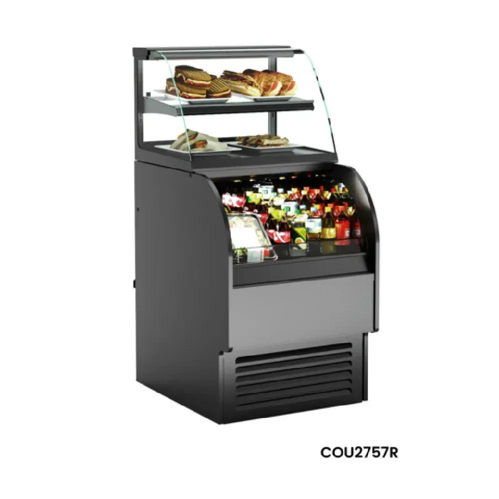 Black refrigerated display case with pastries and bottled drinks.