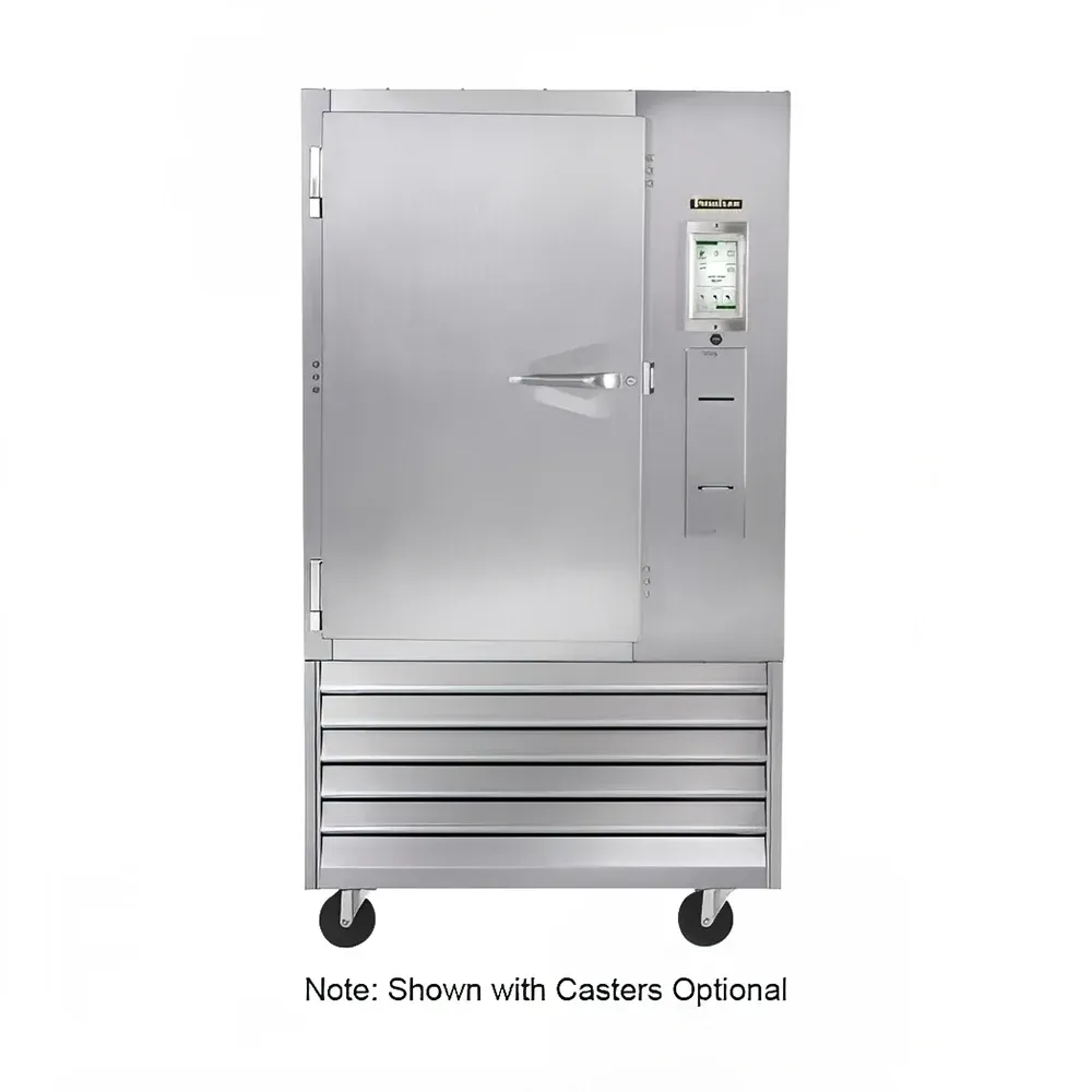 Stainless steel commercial food warmer with digital controls, on casters.