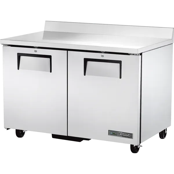 Stainless steel two-door commercial refrigerator on wheels, with a countertop and backsplash.
