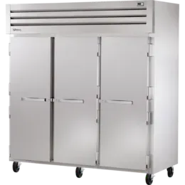 Stainless steel three-door commercial refrigerator on wheels, with top ventilation.