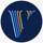 Blue circular logo with multicolored stylized V-shaped lines inside