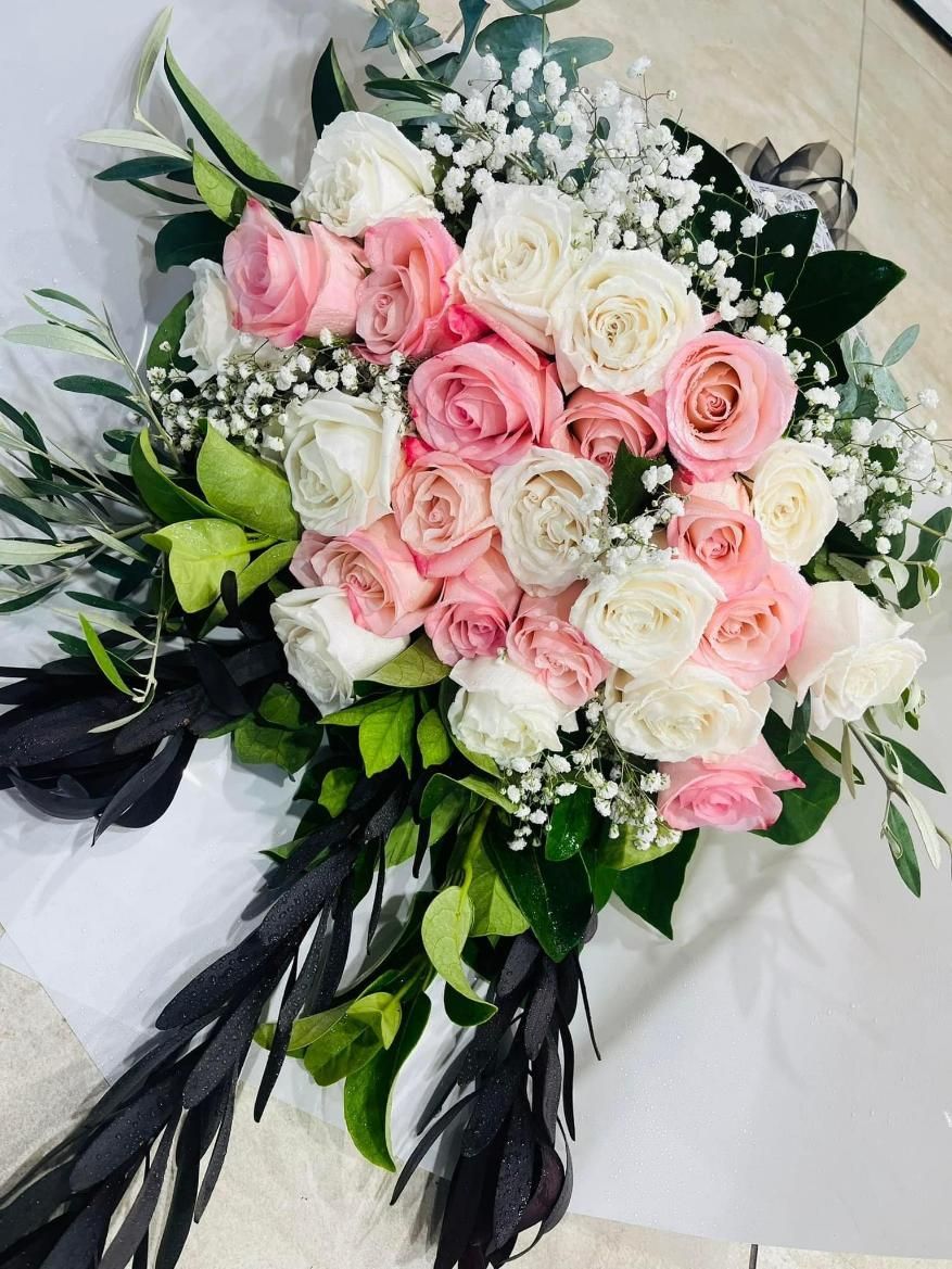 A Bouquet of Pink and White Roses With Baby's Breath — Flower Hunt in Robina, QLD