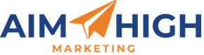 A logo for aim high marketing with an airplane on it.