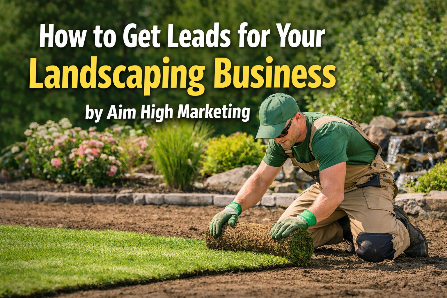 A landscaper laying sod in a garden; text overlay reads: 