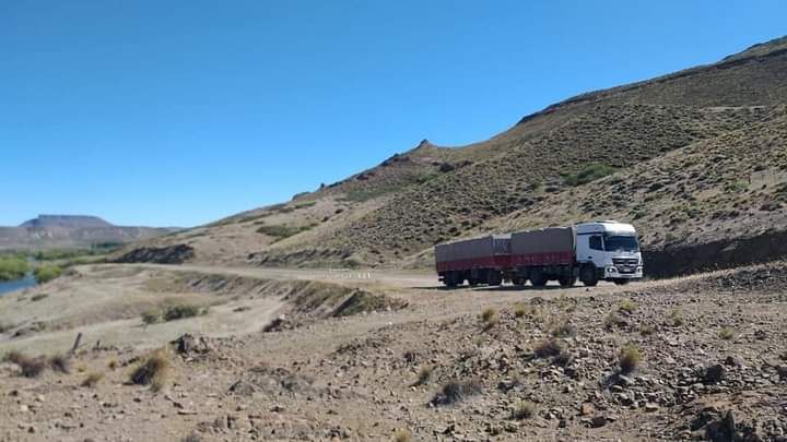 Camión blanco con remolque rojo circulando por un camino rocoso del desierto junto a colinas áridas bajo un cielo azul.