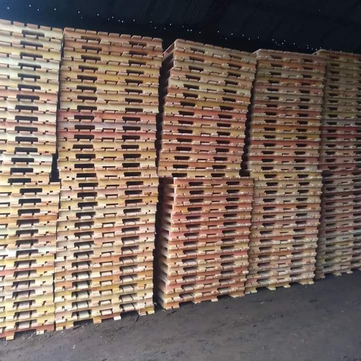 Montones de palés de madera apilados en un almacén.