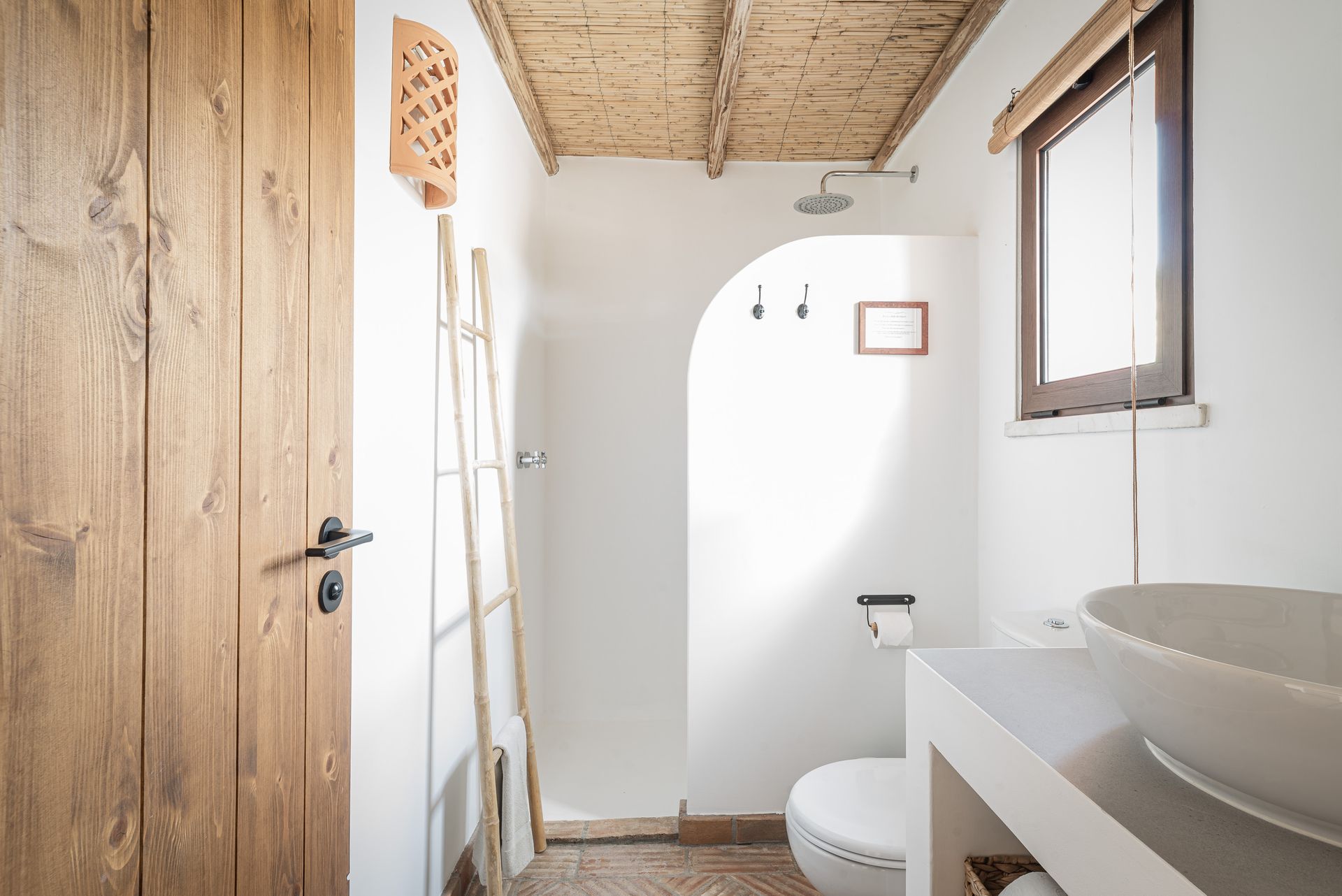 Small rustic bathroom with wooden door, white walls, toilet, sink, window, and ladder on the wall.