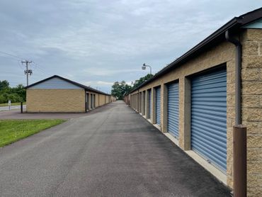 Looking down a row of storage units