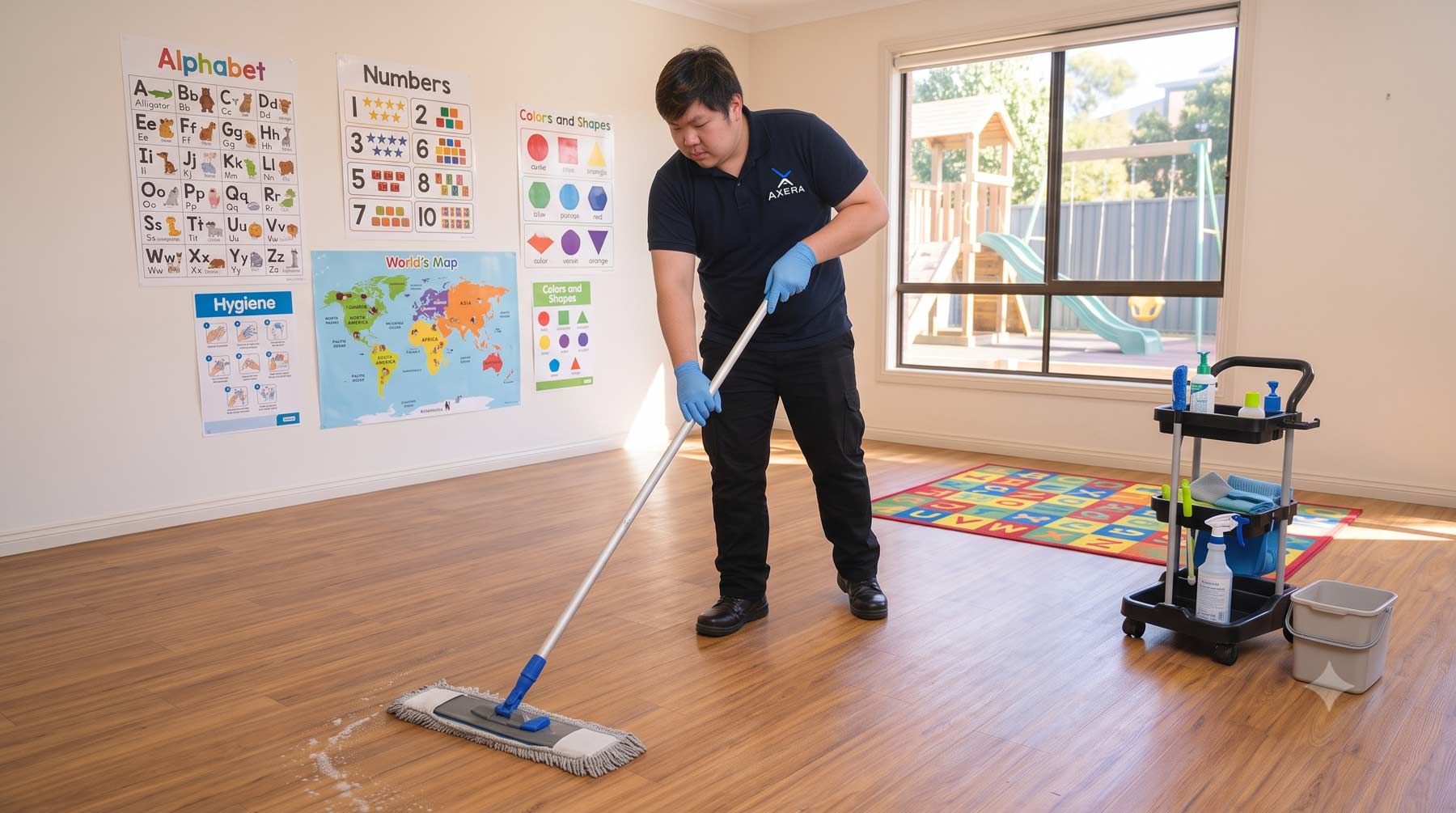 Cleaner mopping a childcare centre classroom floor