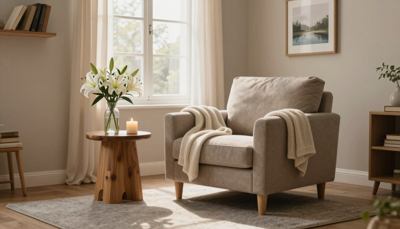 Cozy beige armchair with throw blanket in a sunlit living room, beside a wooden side table with flowers and candle