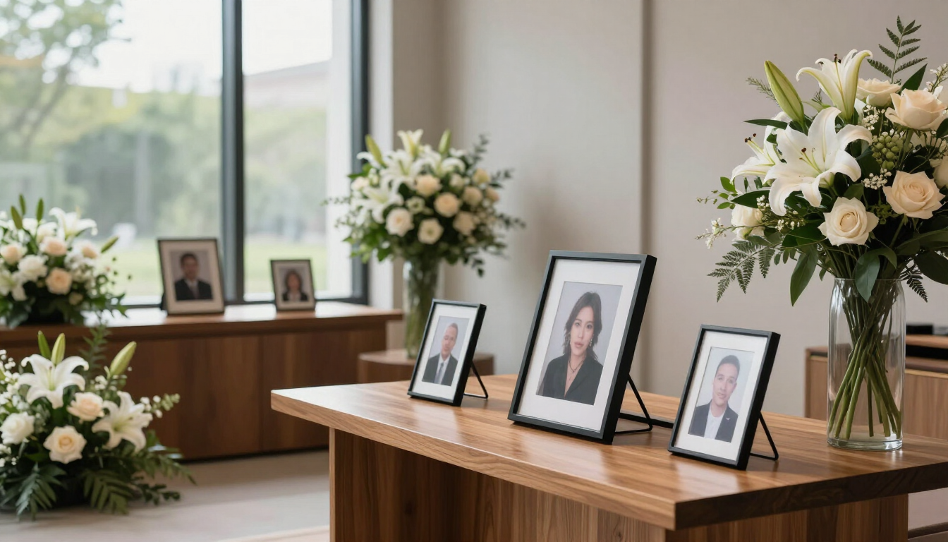Memorial display with framed portraits and white flower arrangements on wooden tables in a bright room