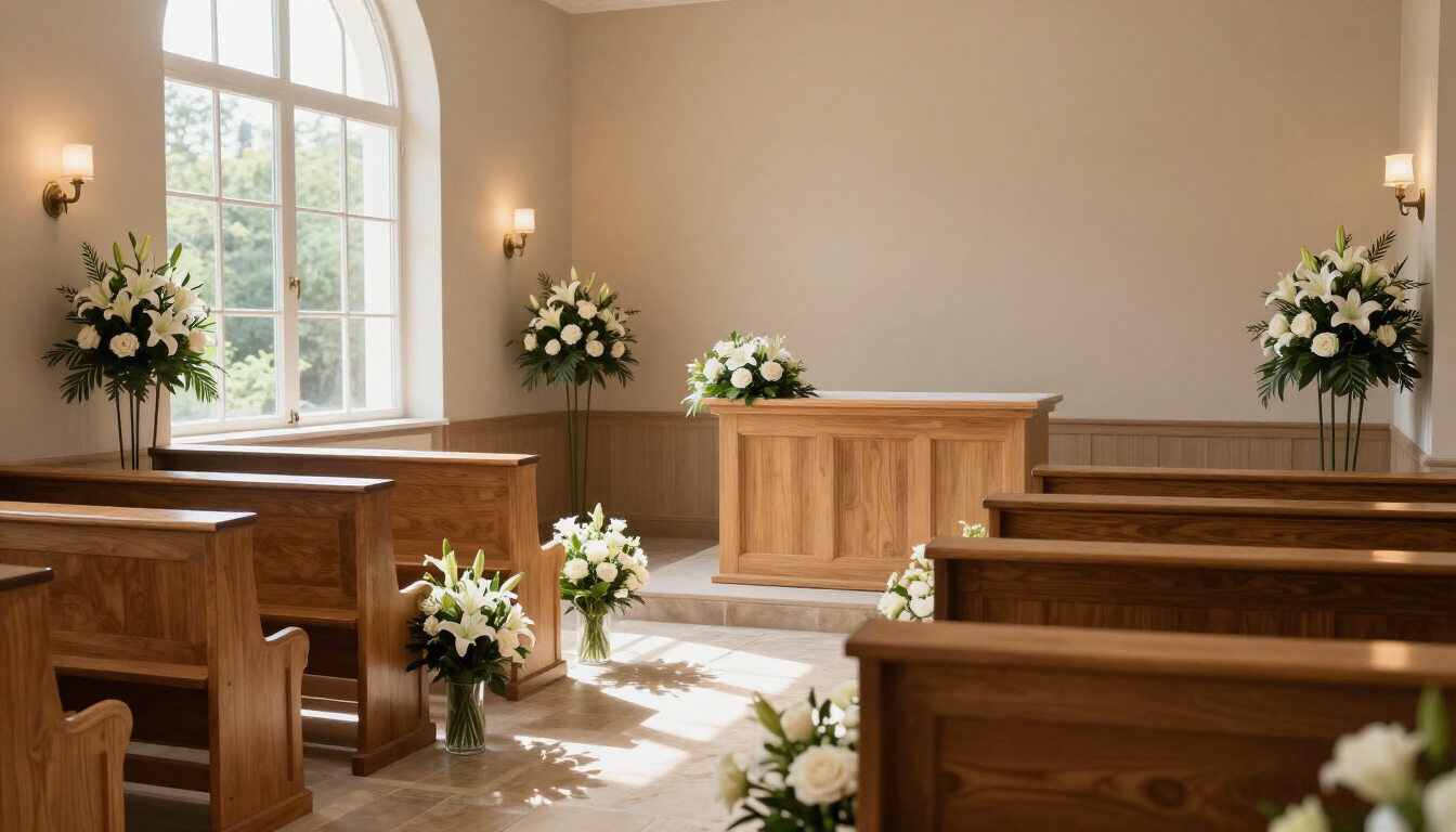 A sunlit chapel with wooden pews, white floral arrangements, and a simple altar near tall arched windows.