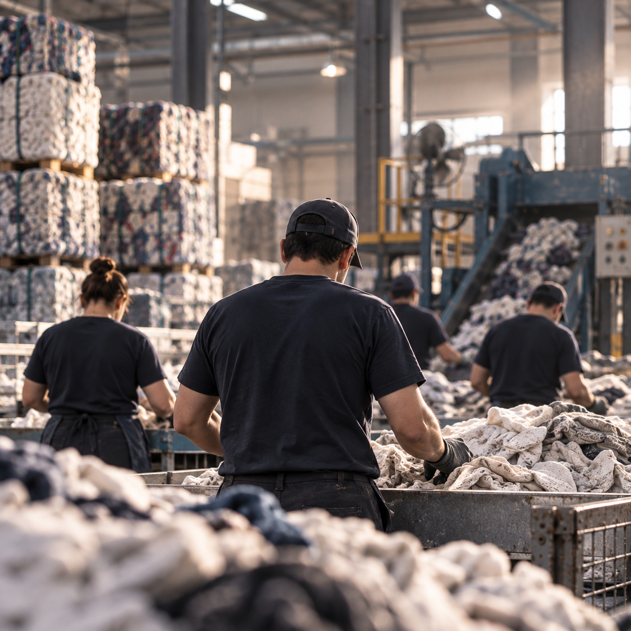 Trapos industriales de algodón apilados en depósito, insumos para limpieza industrial