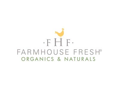 The logo for farmhouse fresh organics and naturals has a chicken on it.
