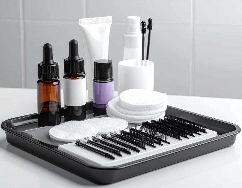 Cosmetics tray with eyelash extensions, serums, cotton pads, and applicators.