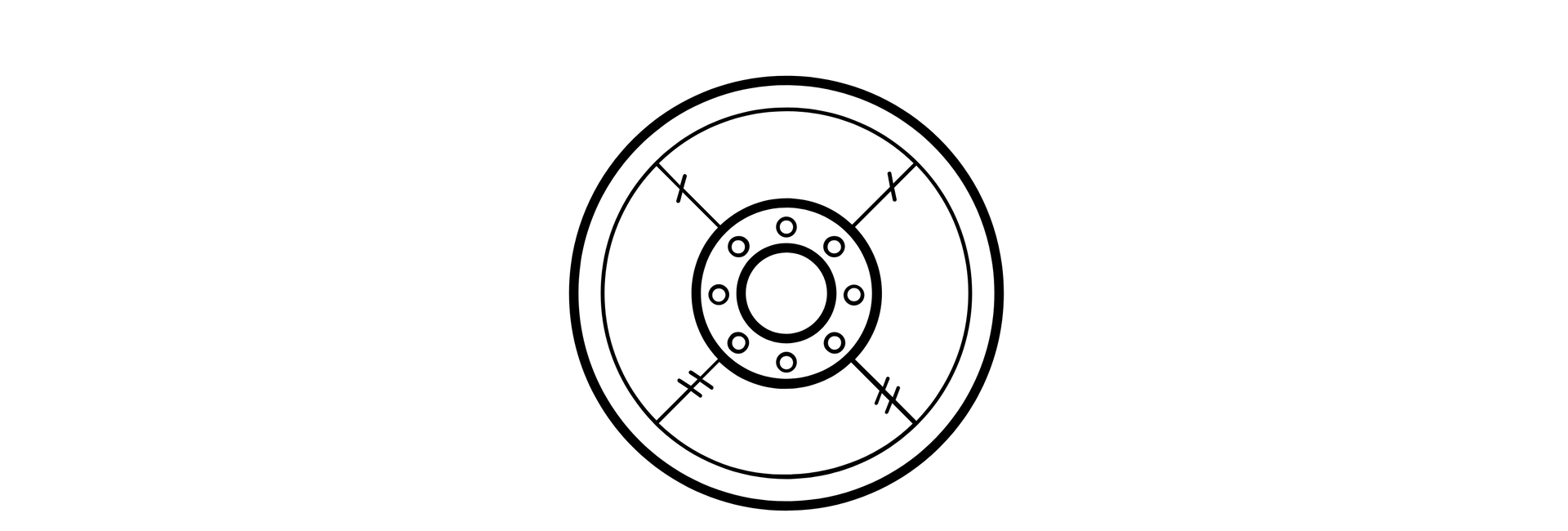 Diagram of a wheel, with a circular outer rim and central hub with bolt holes.