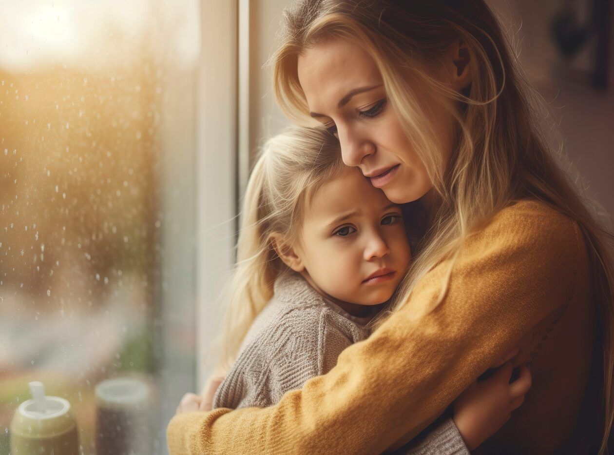 Woman embracing a child by a sunlit window, both looking down with a calm, tender expression.