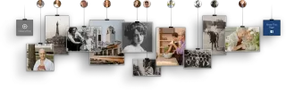 Collage of overlapping black-and-white and color photos arranged in a horizontal timeline