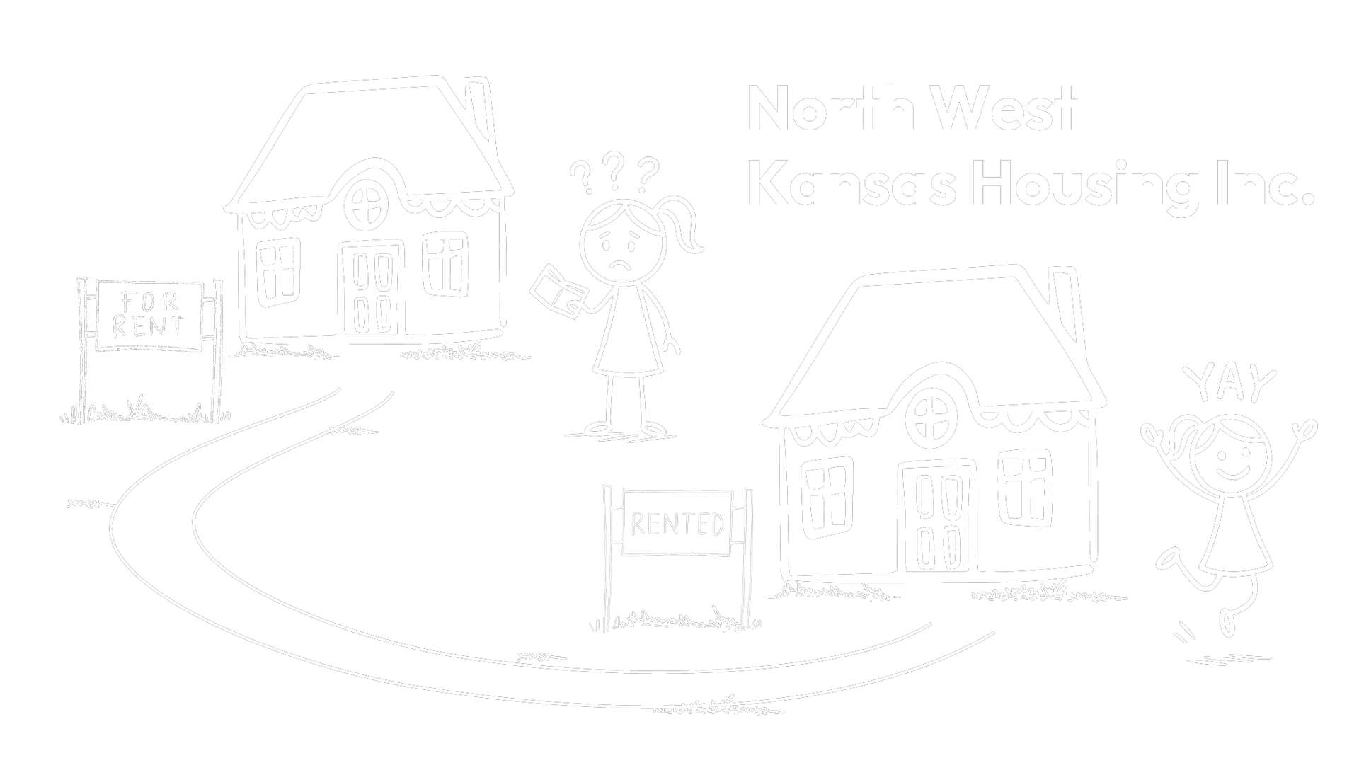 Cartoon of a person in front of two houses, a curved path connecting them, with text