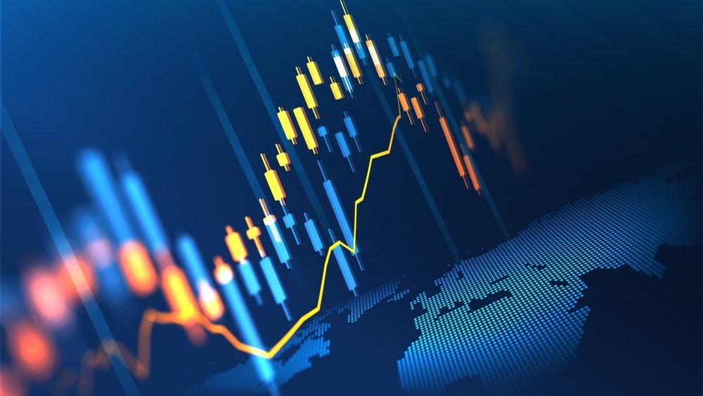Stock market graph with candlesticks and a world map in blue tones.