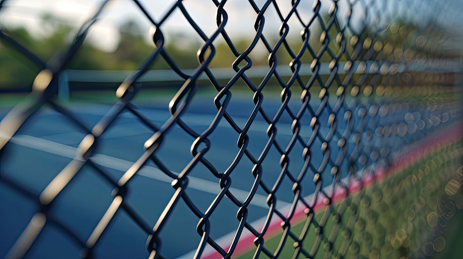 Hinter einem Drahtzaun befindet sich ein Tennisplatz.