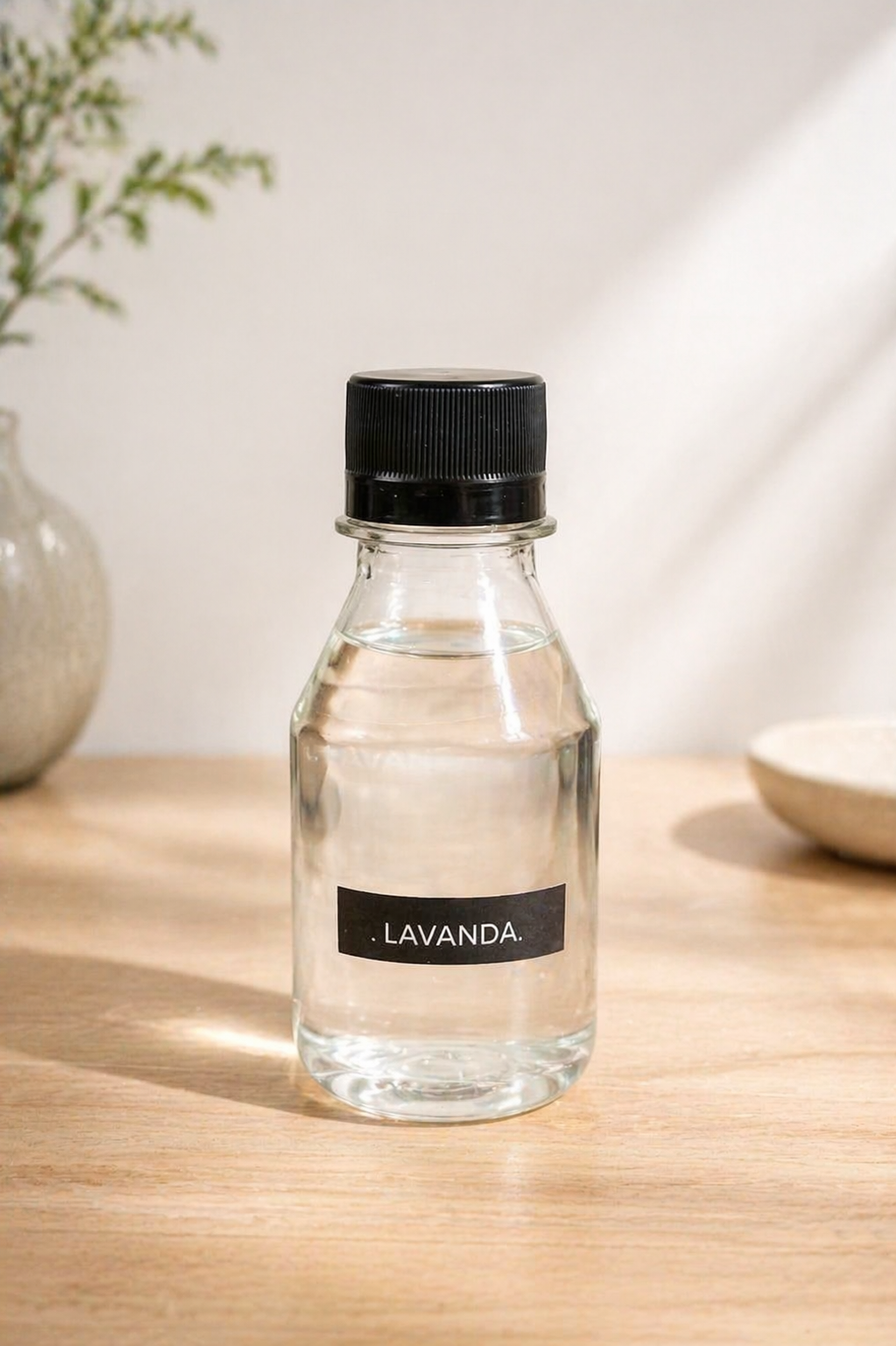 Botella pequeña transparente con tapón negro etiquetada como “LAVANDA” sobre una superficie de madera iluminada por el sol.