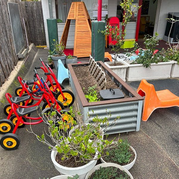 A row of bicycles are parked in a yard next to potted plants — Mt Ousley Pre School in Fairy Meadow, NSW