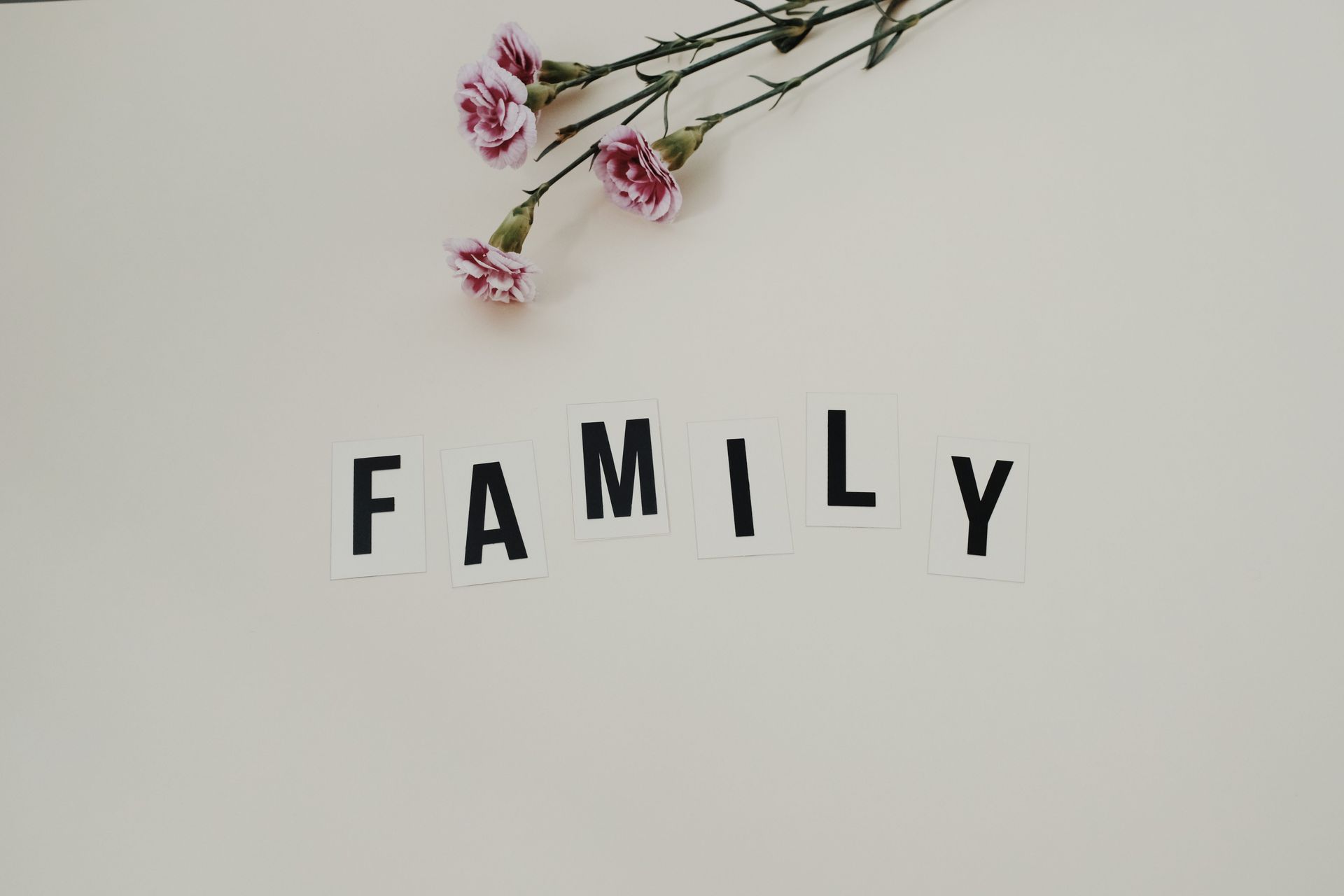 Black “FAMILY” letters on a white wall with a small pink flower sprig above them.