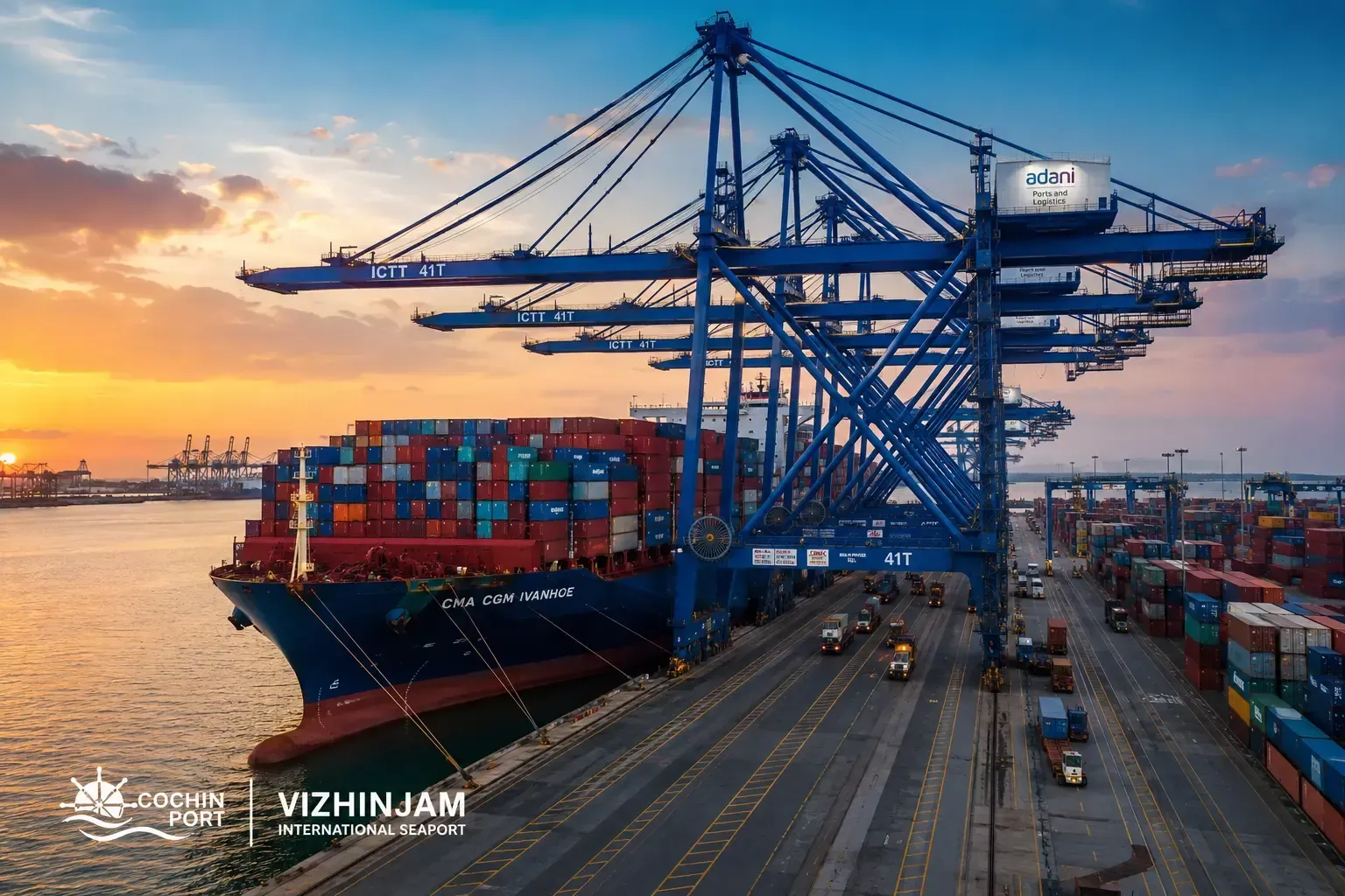Modern container ship docking at a busy port with towering gantry cranes, stacked shipping container