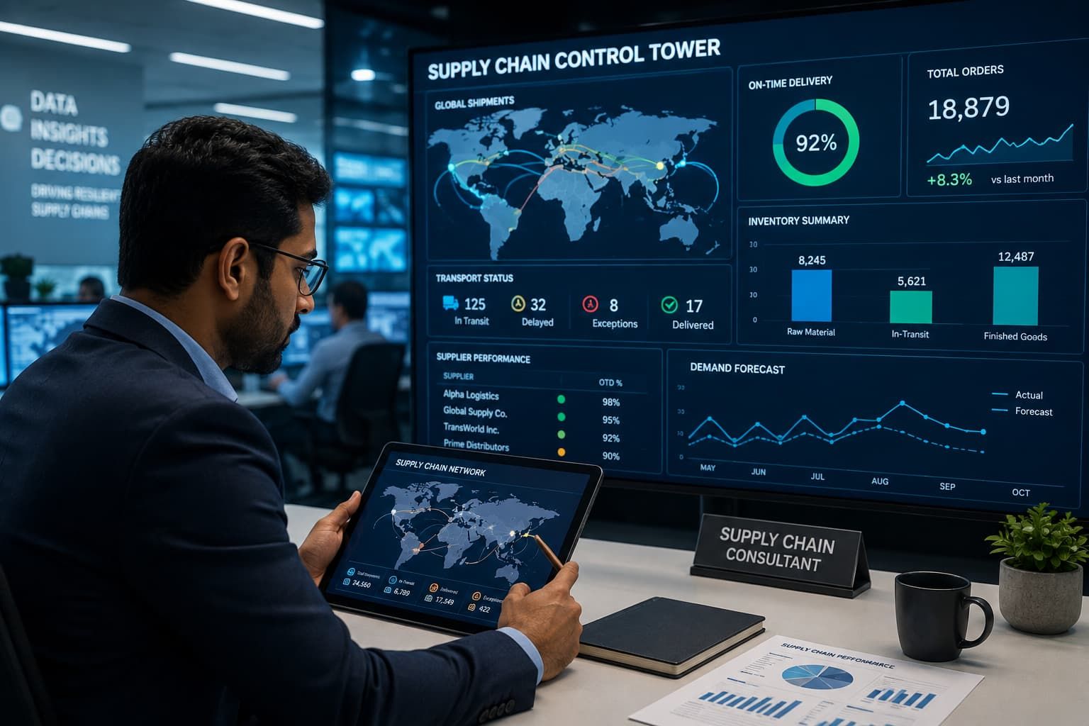 A professional supply chain consultant or analyst working in a modern control room or office setting