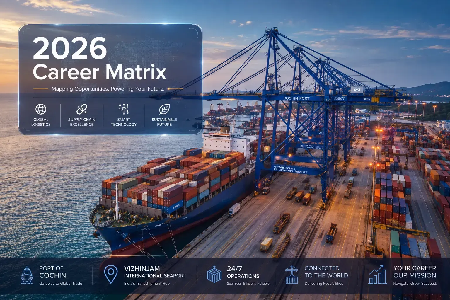 An aerial panoramic view of a container vessel docked at a modern terminal (representing Cochin Port