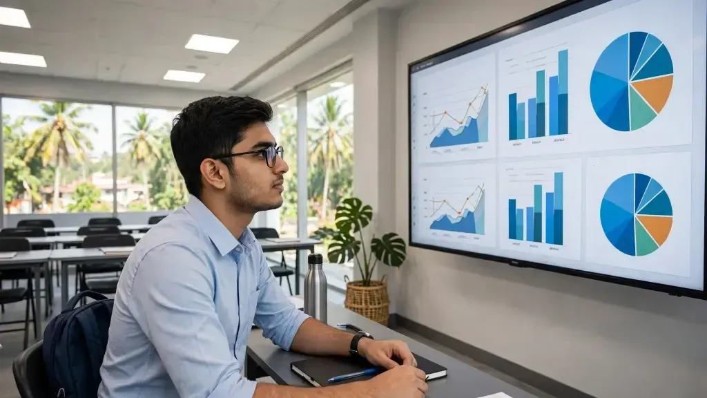 Early-career professional reviewing a supply chain dashboard in a logistics training session