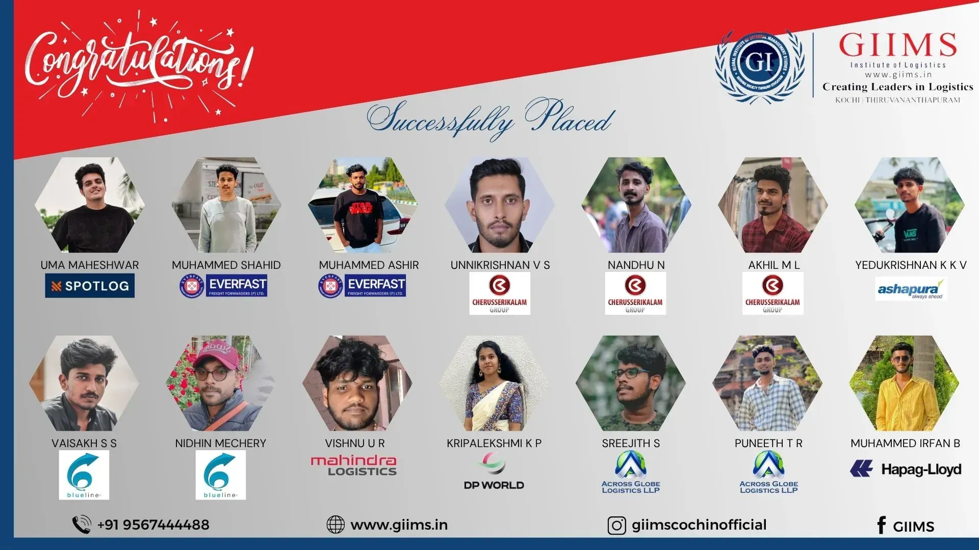 Students from GIIMS Institute of Logistics placed in top companies like FEI, Modern BIMBO, Exonic Shipping LLC, and Air Winch